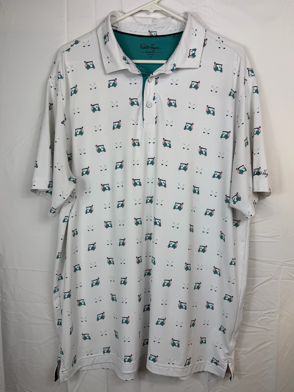 Walter Hagen Men’s XL Golf Polo White Golf Cart Clubs Print Performance Stretch